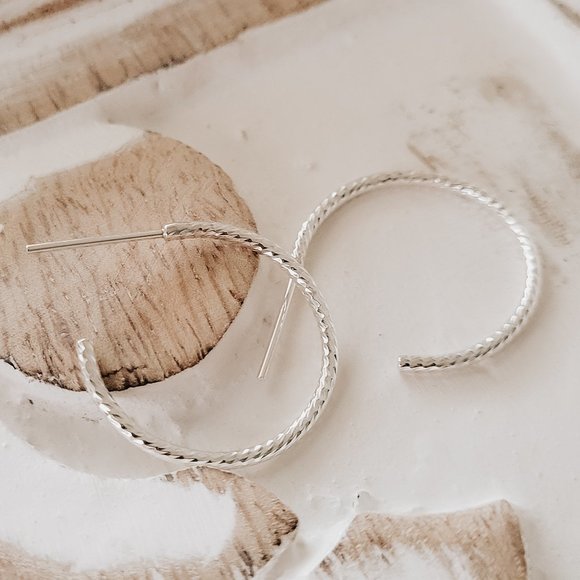 Sterling Silver Hoop Earrings Artisan Made Shiny Diamond Cut Silver - Picture 2 of 3